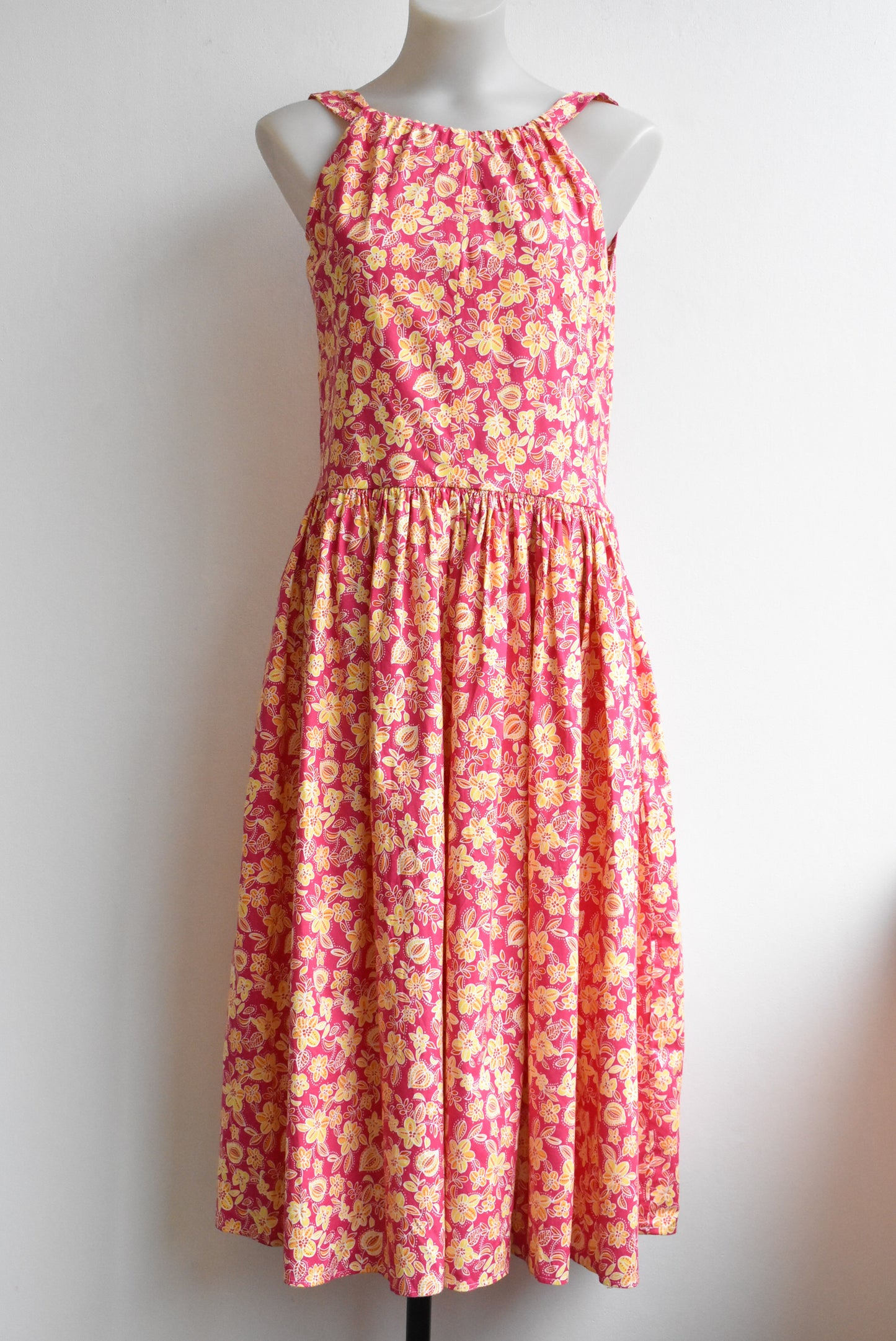 Hot pink yellow floral halter dress, size S-M