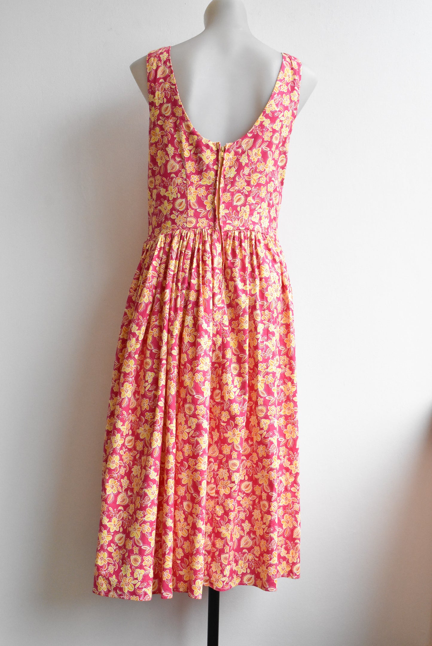 Hot pink yellow floral halter dress, size S-M