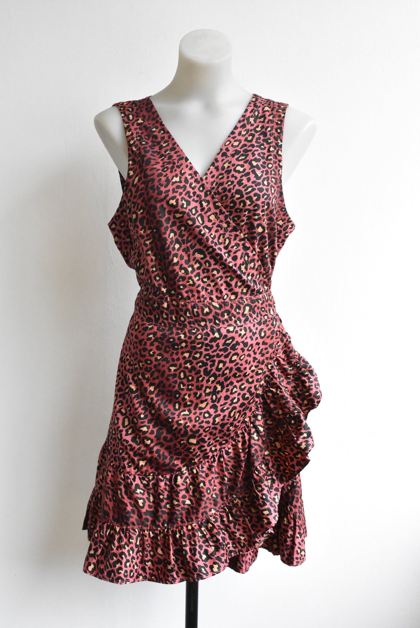 Red leopard print wrap dress, size 10