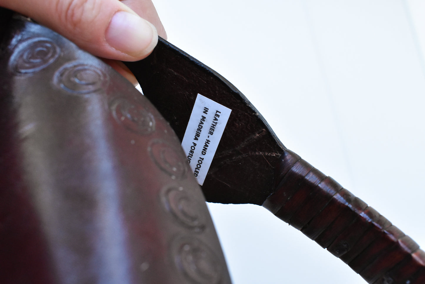 Portuguese hand-tooled leather wine bottle holder