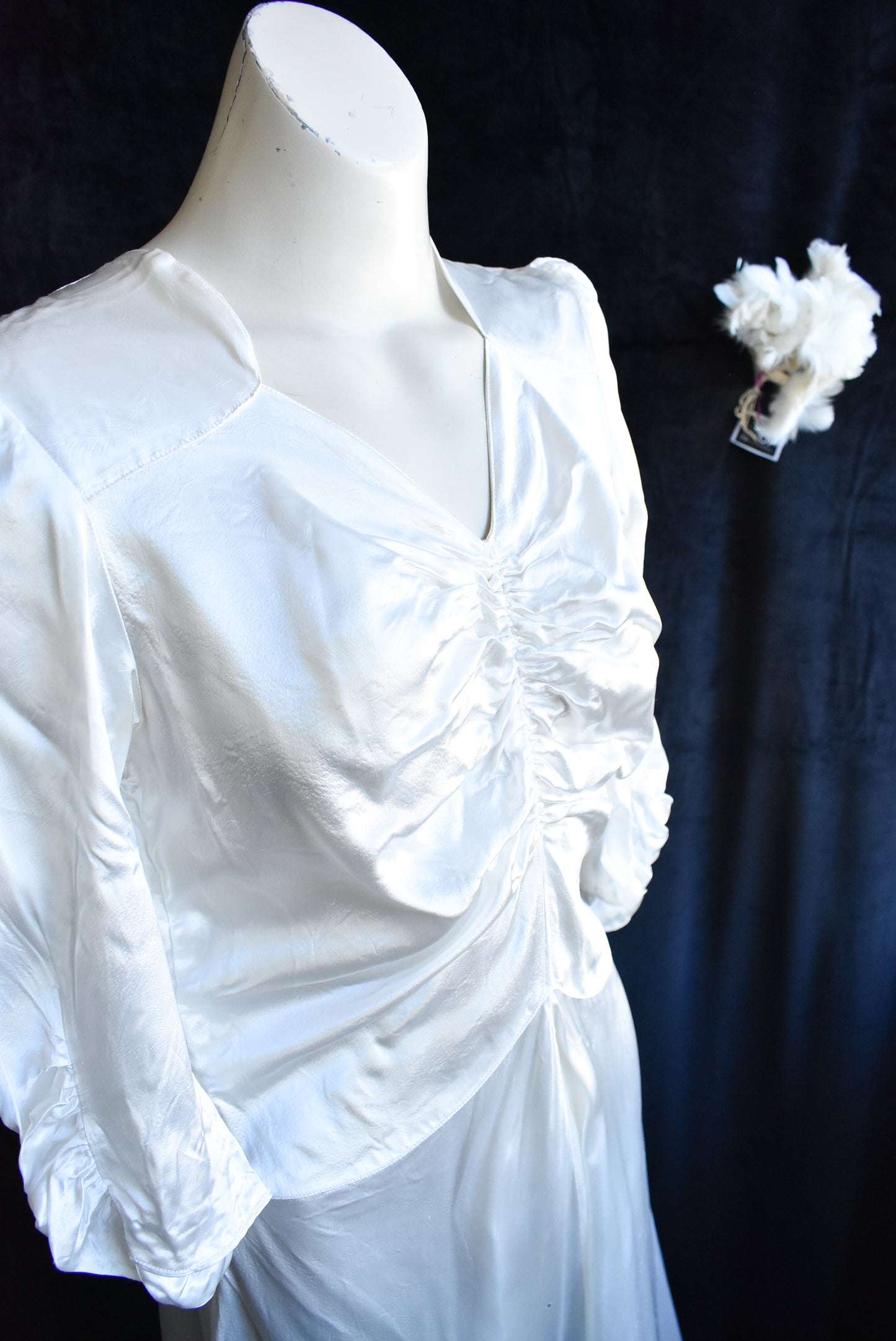 Vintage wedding dress (1947) slip, shoes, feather bouquet and photos