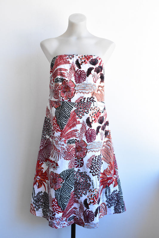 Merric short red floral print strapless cotton dress, size 14