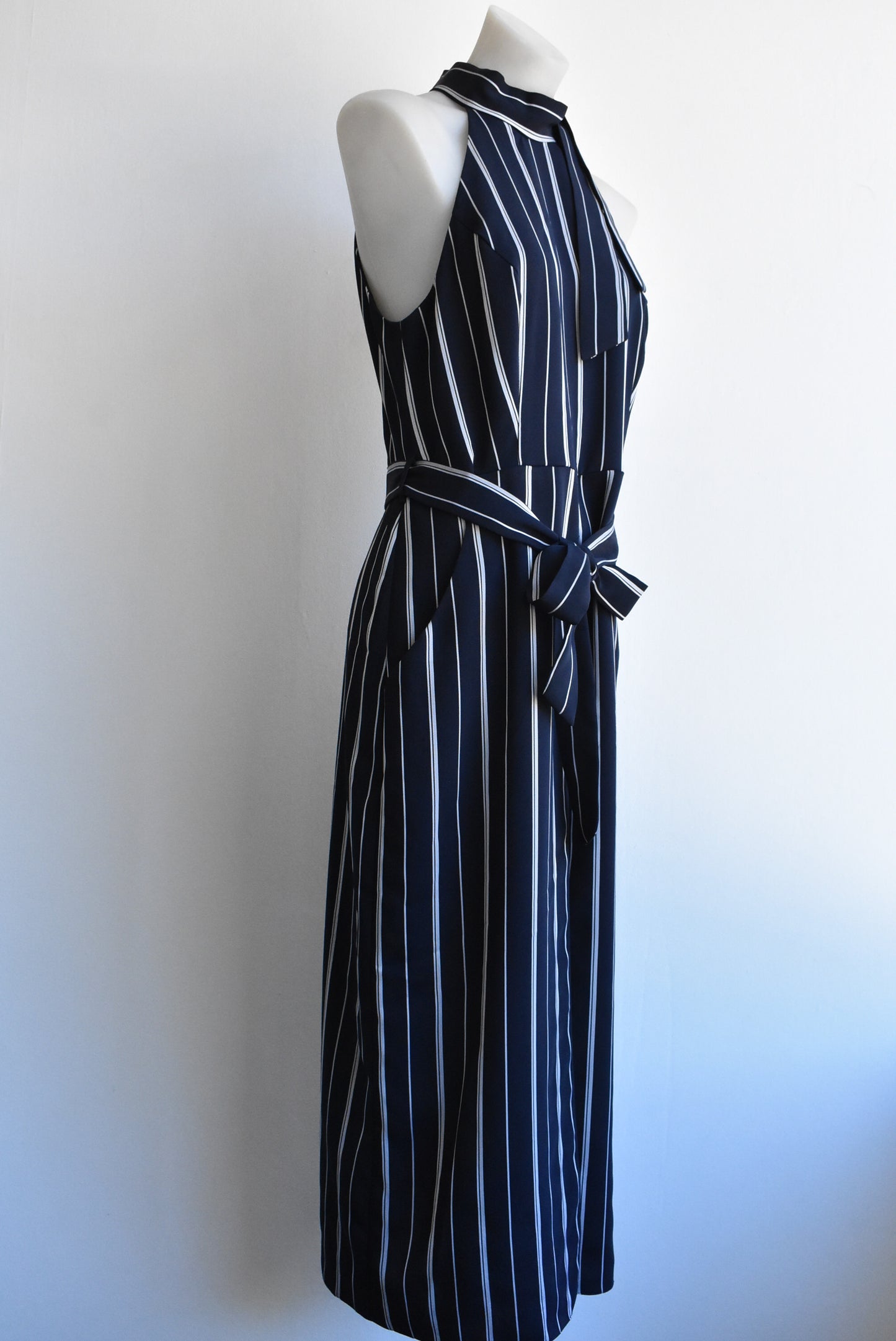 River Island striped blue split-skirt dress with pockets, size 14