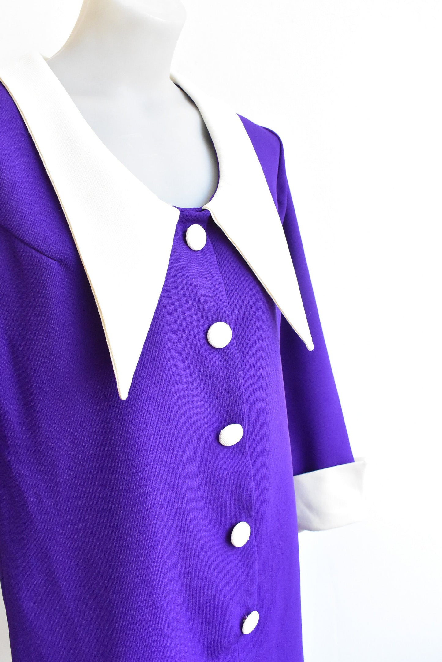 Homemade 60s vintage mini-dress, vibrant purple with contrast pointy collar