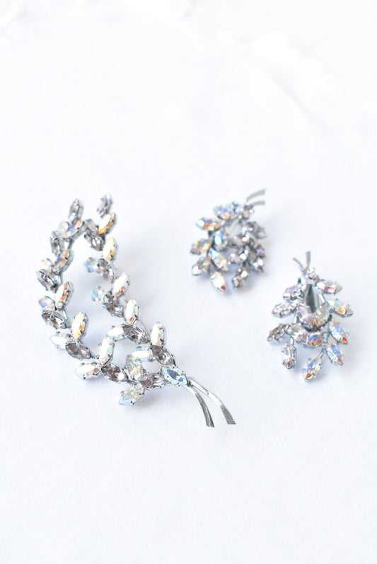 Austrian retro clip-on leafy branch earrings and brooch set