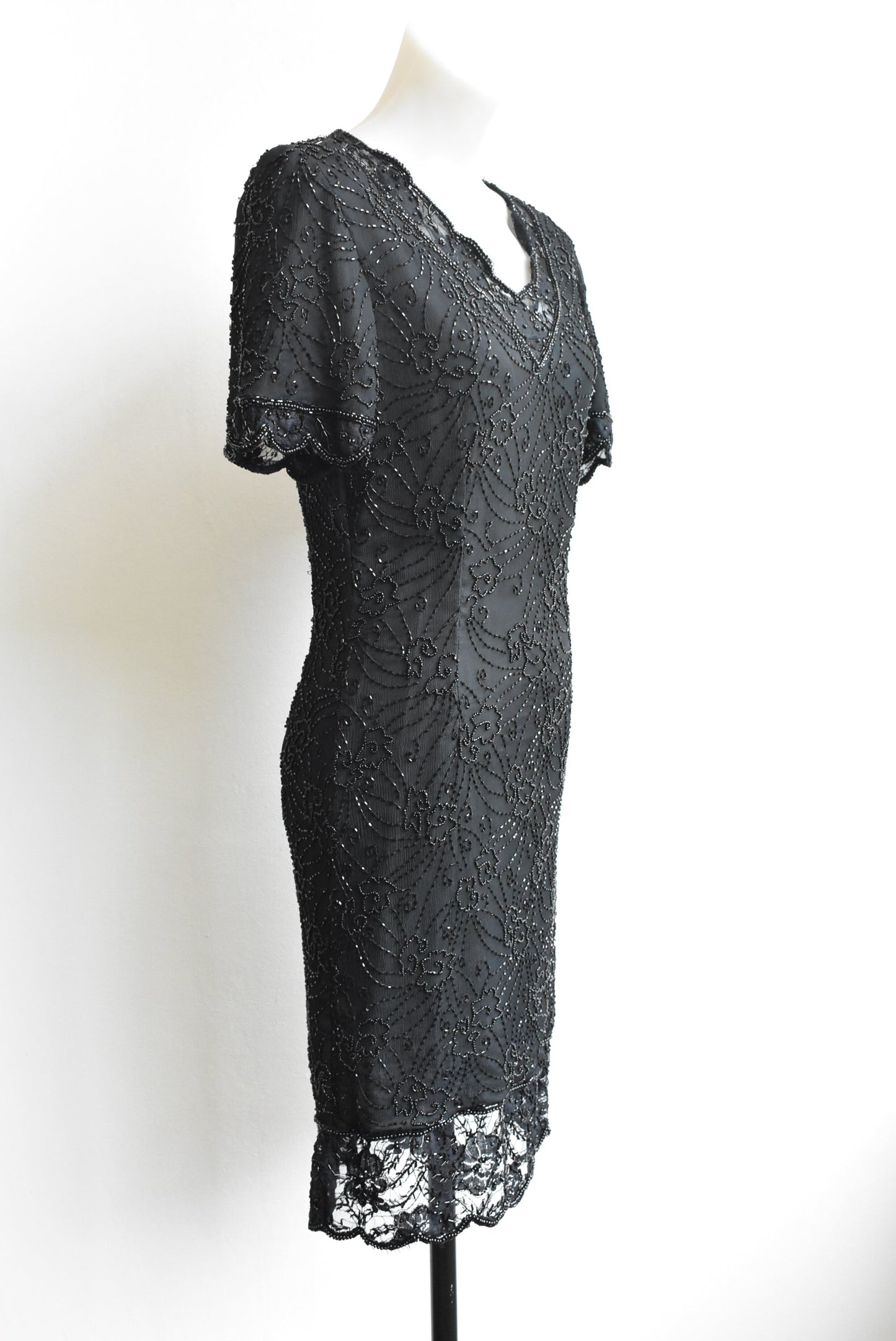 Stenay black silk cocktail dress with beaded overlay, made in India, Size 6