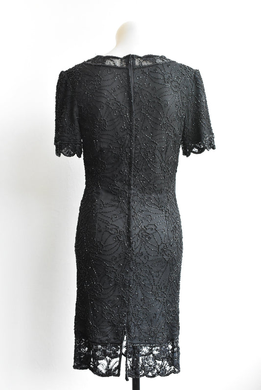 Stenay black silk cocktail dress with beaded overlay, made in India, Size 6