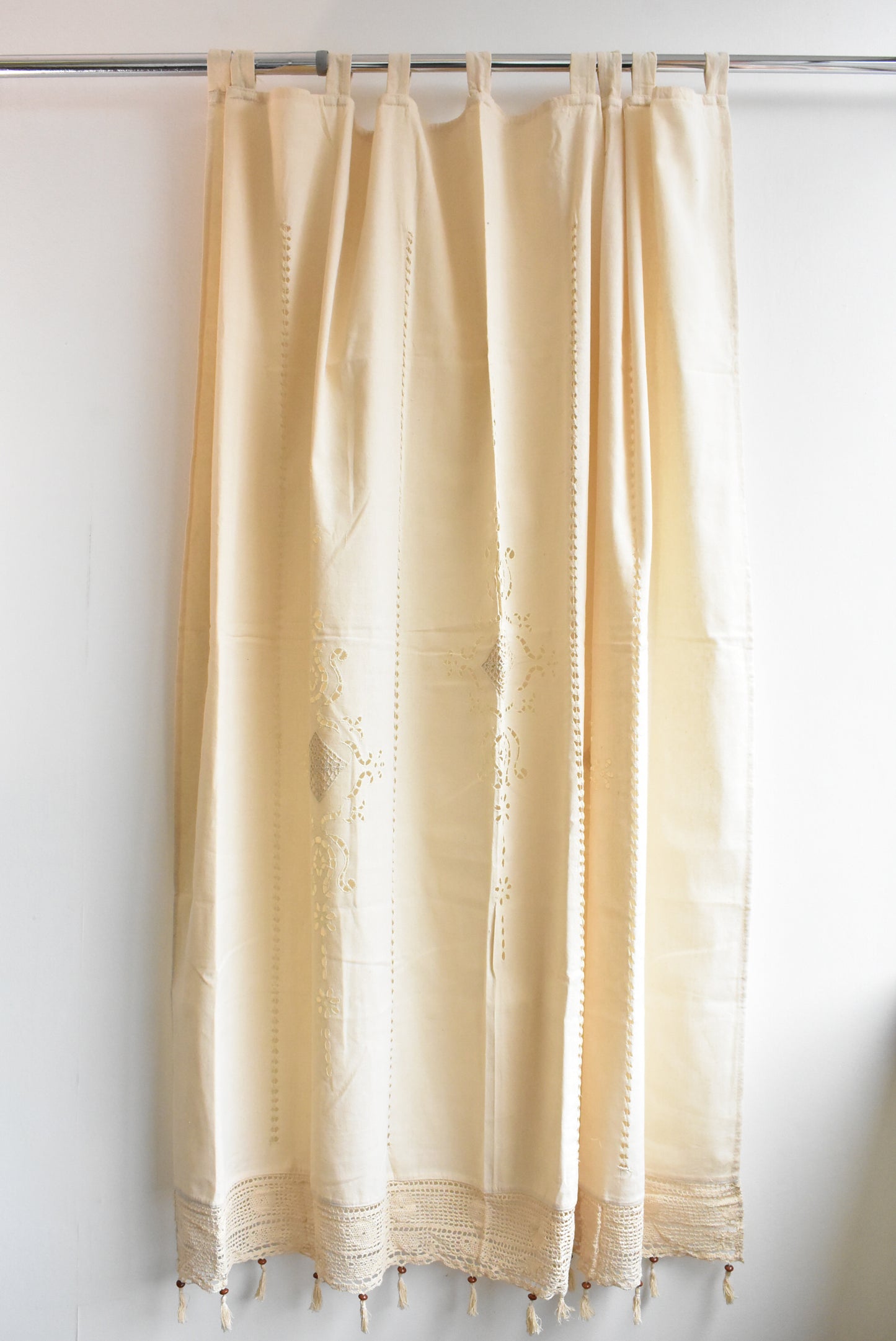 Pair of cotton tab curtains with macramé and beaded fringe