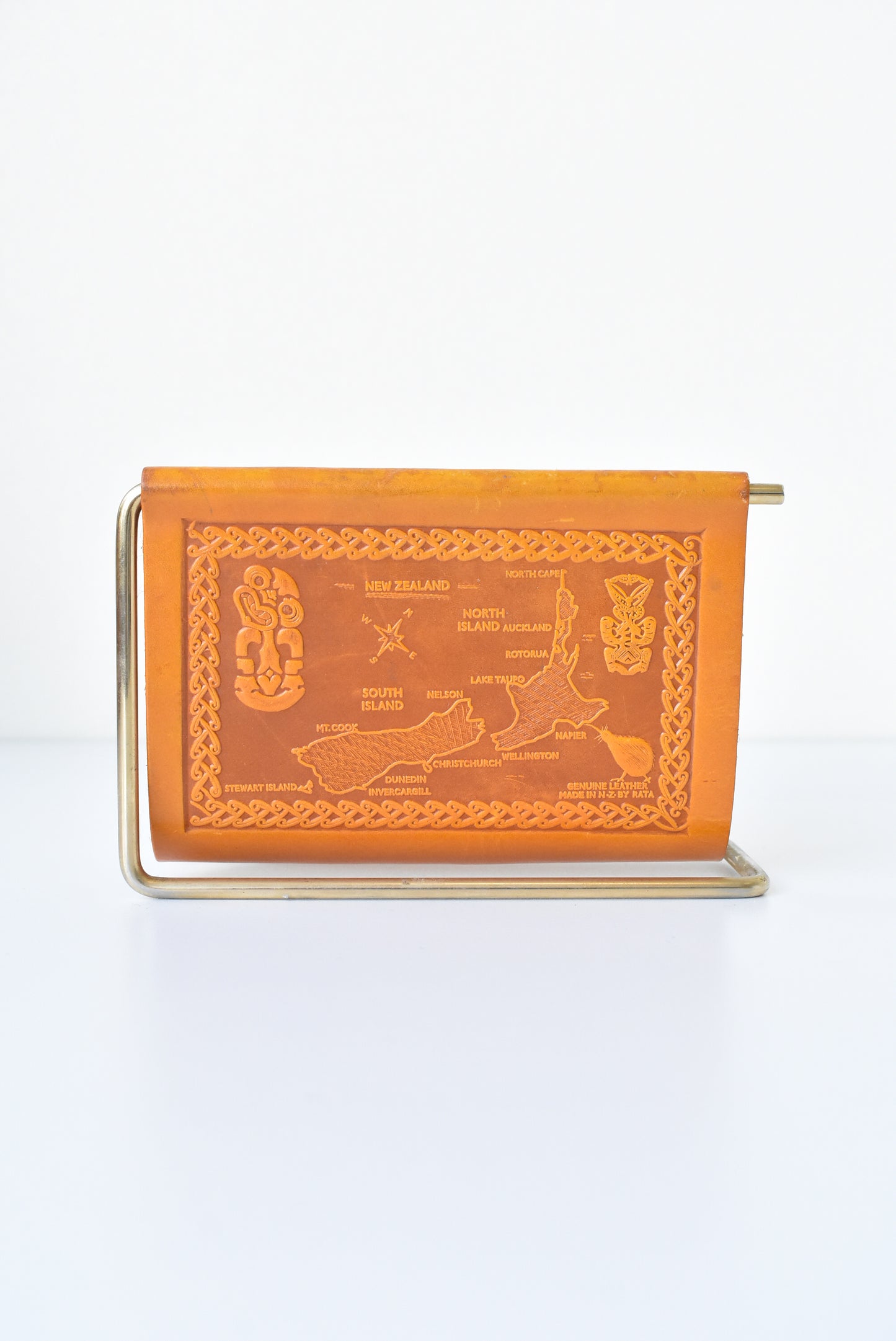 Vintage Kiwiana debossed leather letter holder