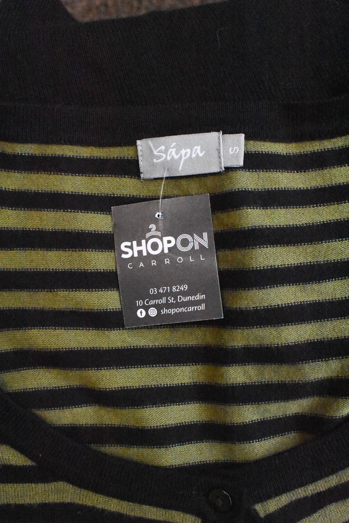 Sápa green and black stripy cardigan, size S