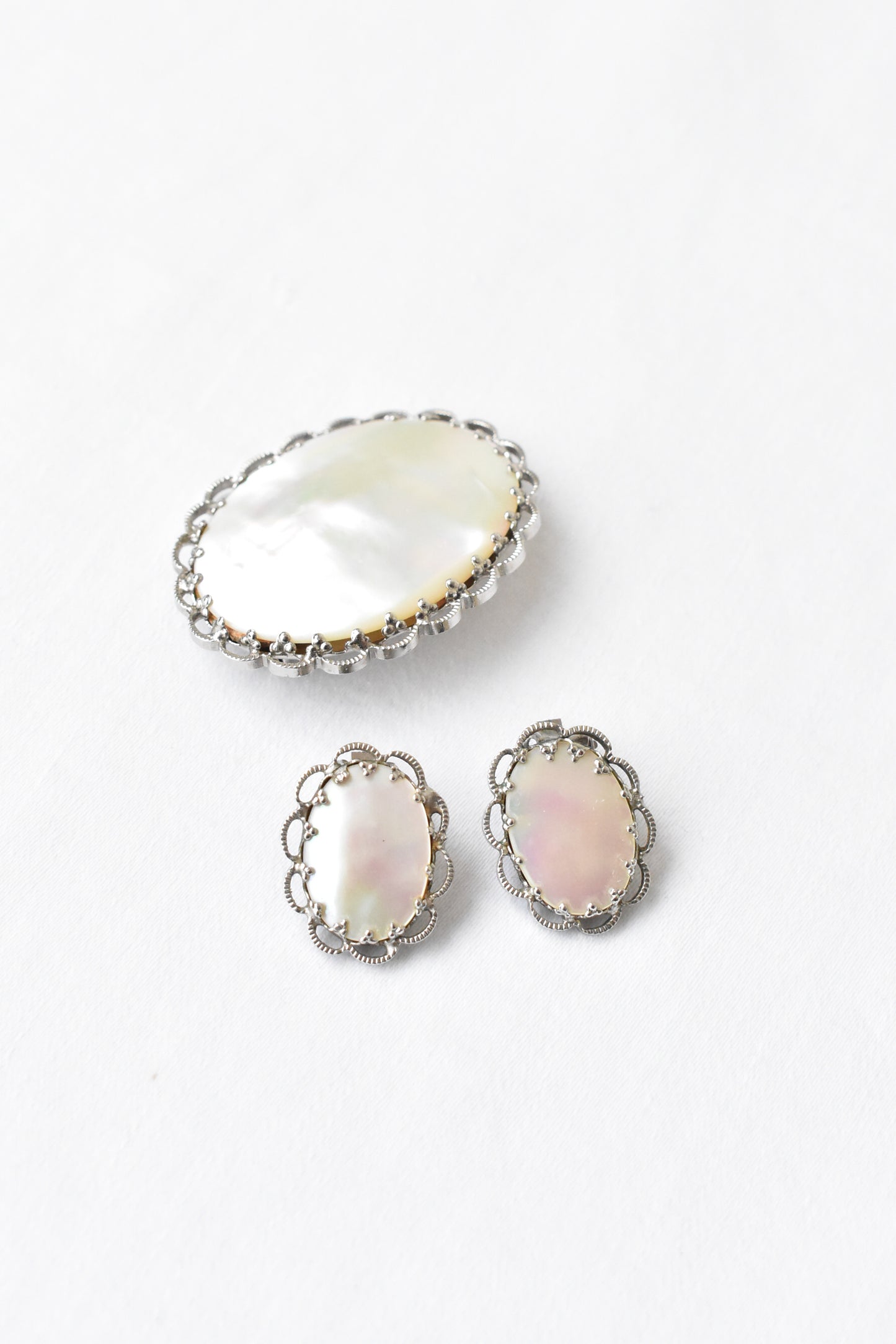 Mother of pearl brooch and clip on earring set