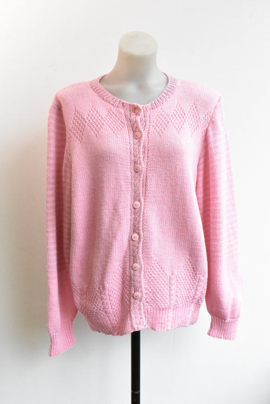 Homemade pink cardigan with cable pattern, size L