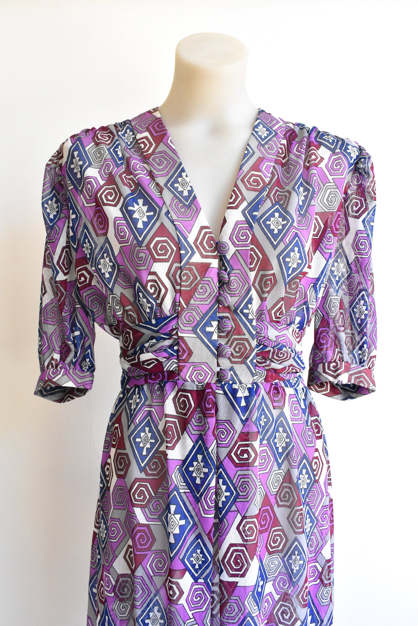 Retro purple patterned sheer long dress, size S