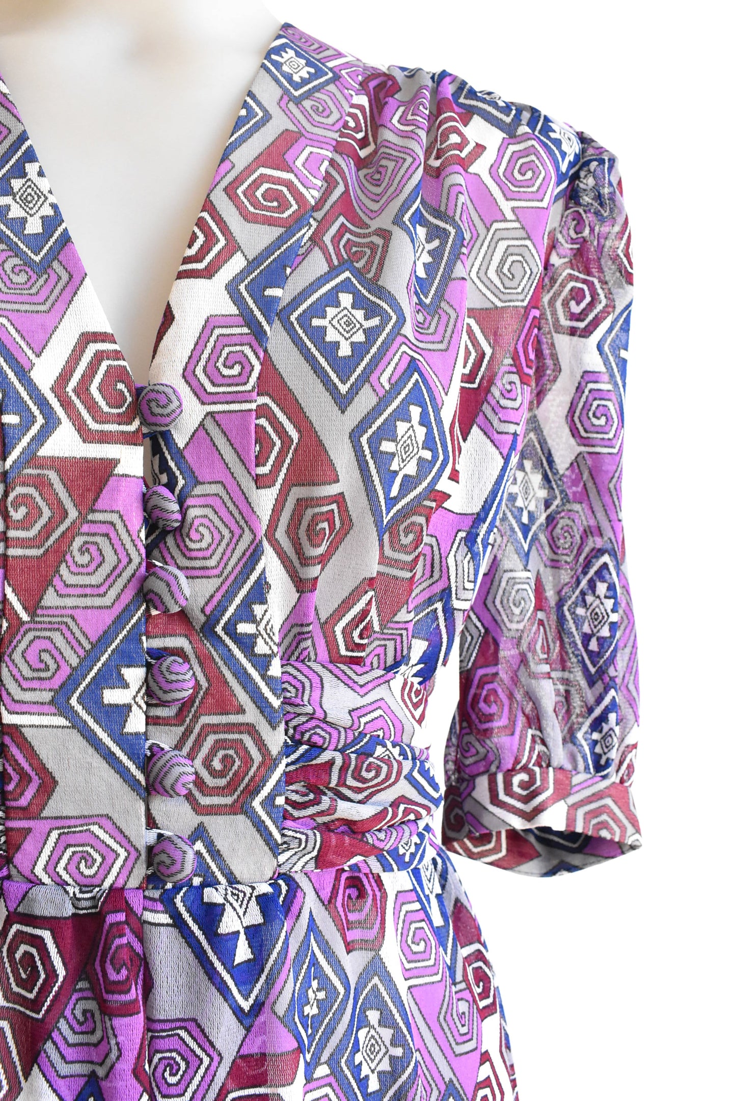 Retro purple patterned sheer long dress, size S