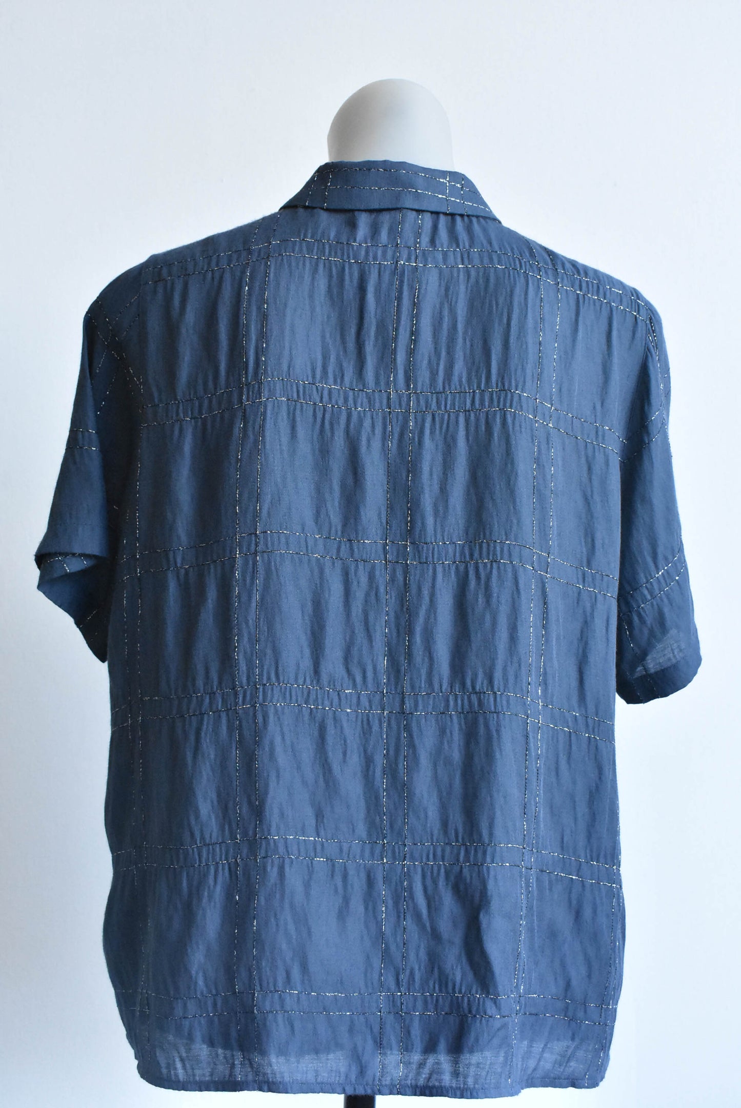 Indigo Collection blue metallic plaid shirt, size 14