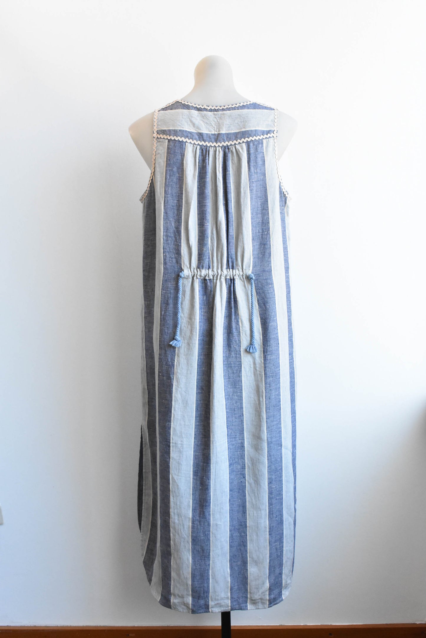 Linen blue striped dress with side splits, S/M