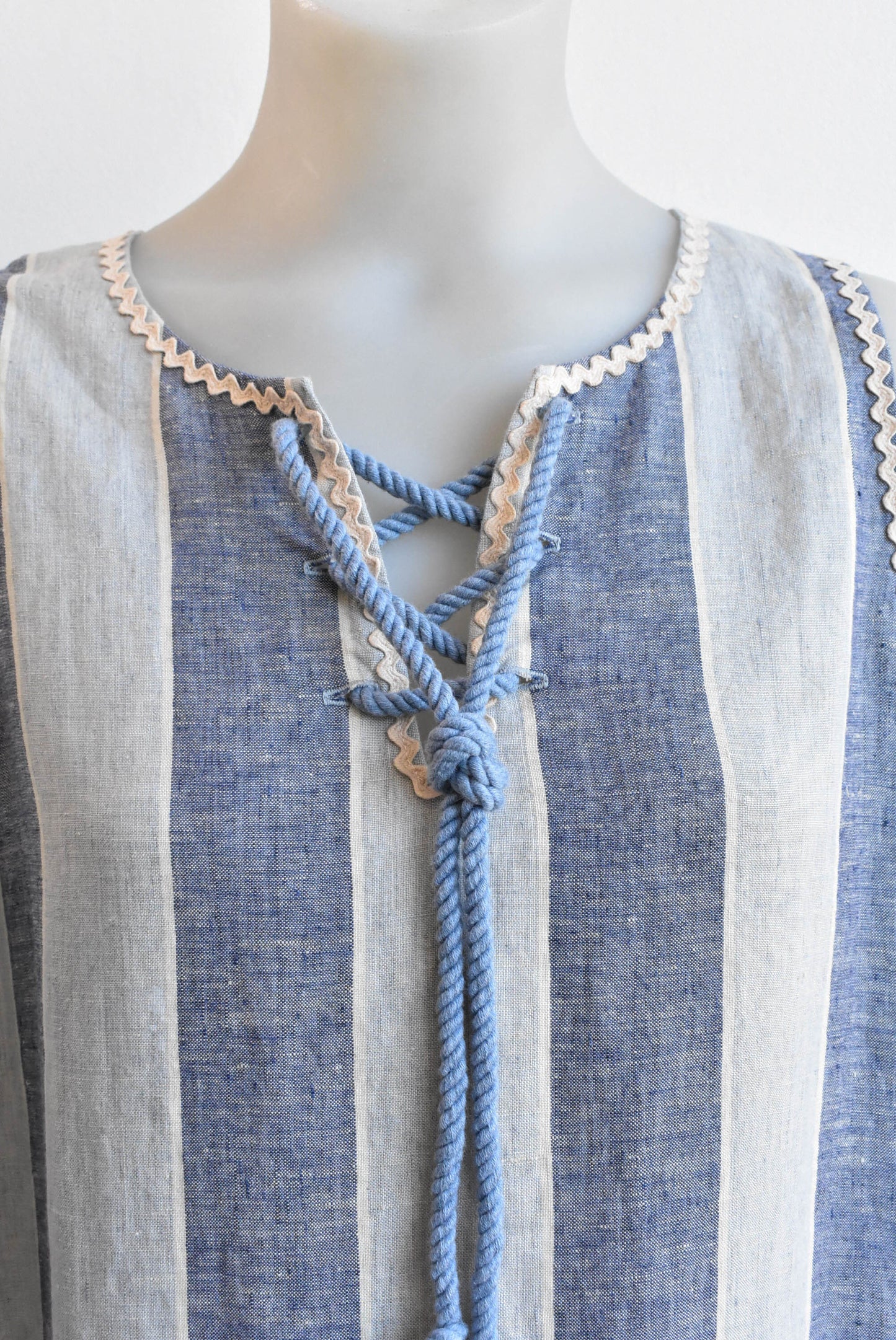 Linen blue striped dress with side splits, S/M