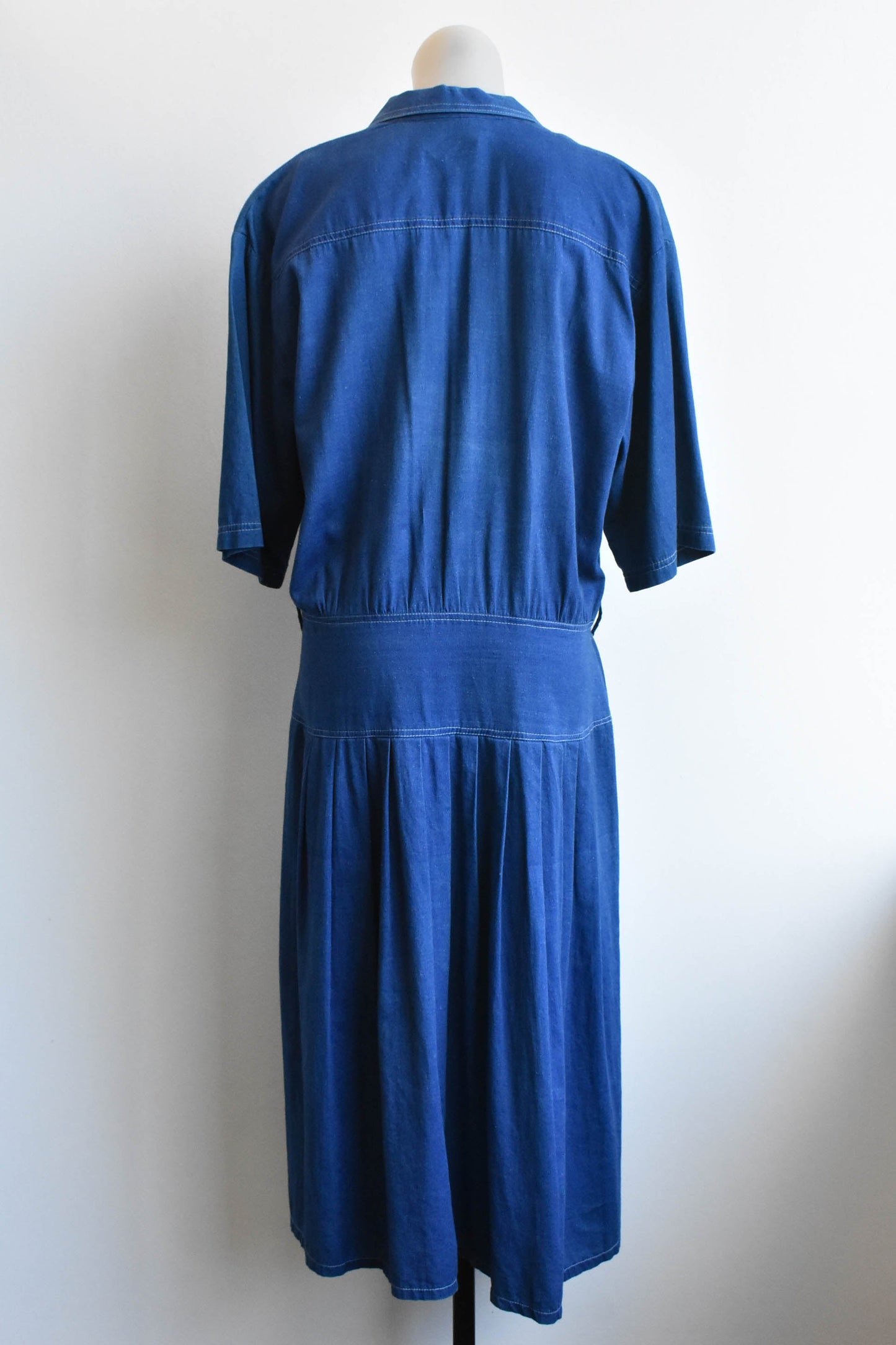 Retro blue chambray button-up pleated dress, size M