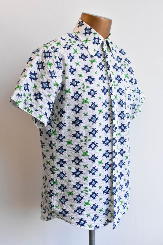 Somerset retro white, blue and green textured shirt, size M