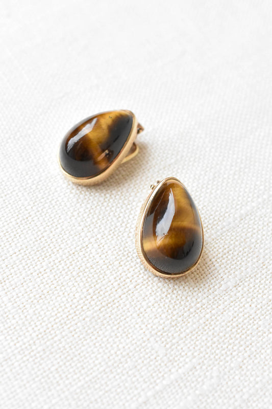 Genuine gold vintage Tiger's Eye clip-on earrings
