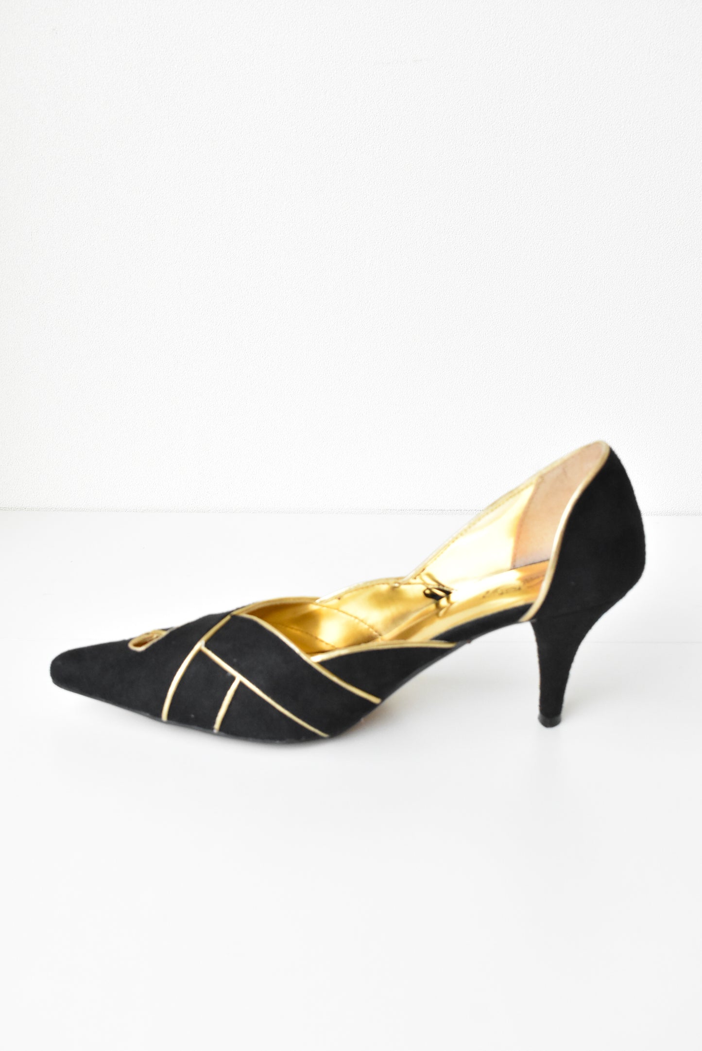 Wild Rose black and gold suede heels, size 8