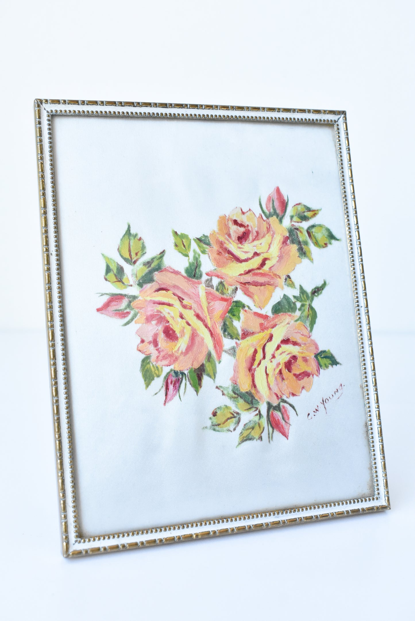 Framed hand painted roses on silk