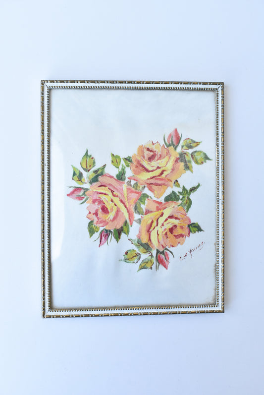 Framed hand painted roses on silk