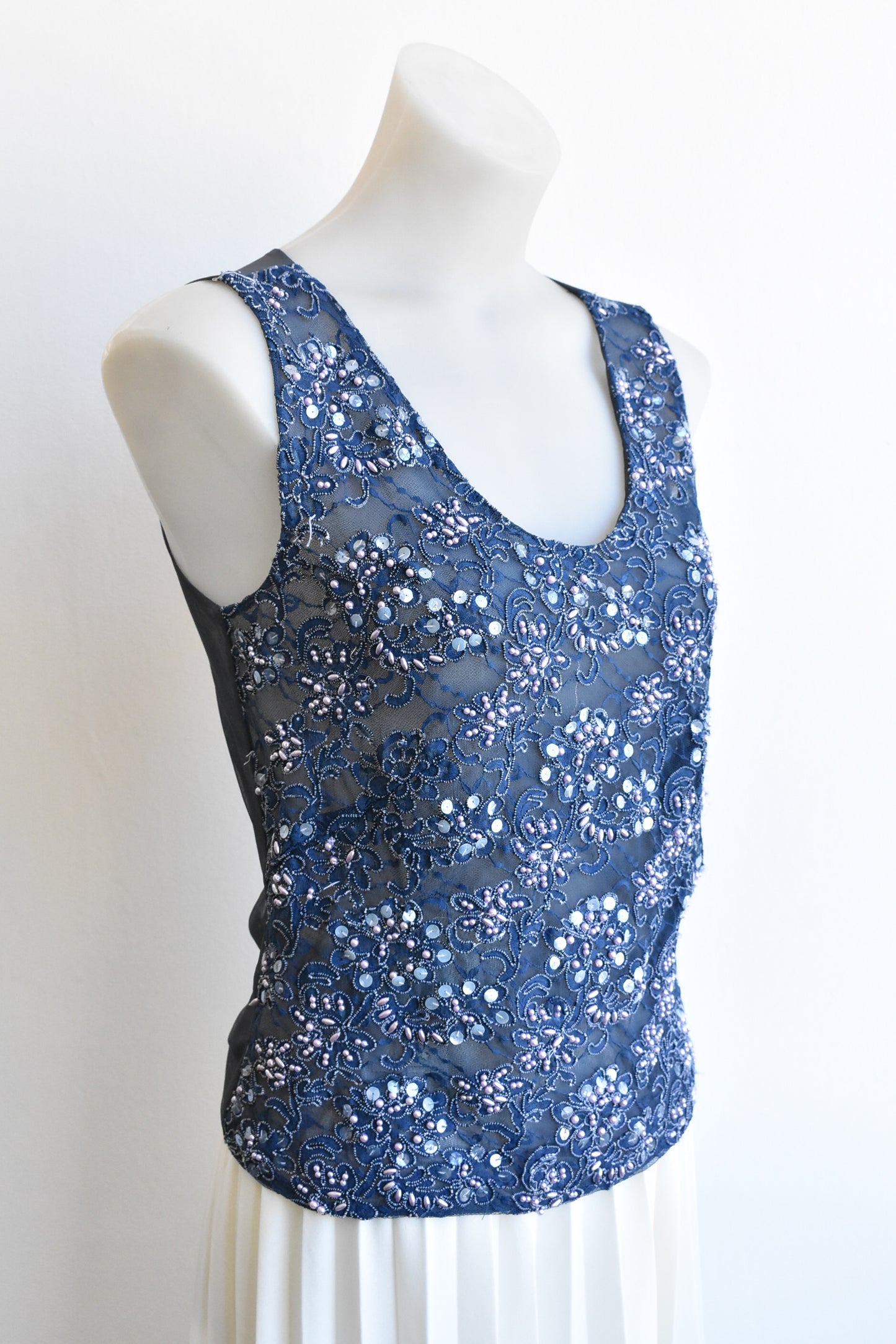Carlson ink blue lace beaded top, size S