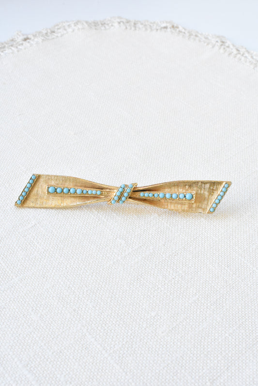 Retro gold and turquoise beaded bow brooch