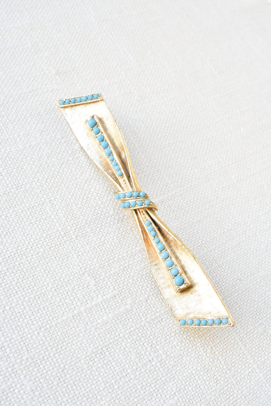 Retro gold and turquoise beaded bow brooch