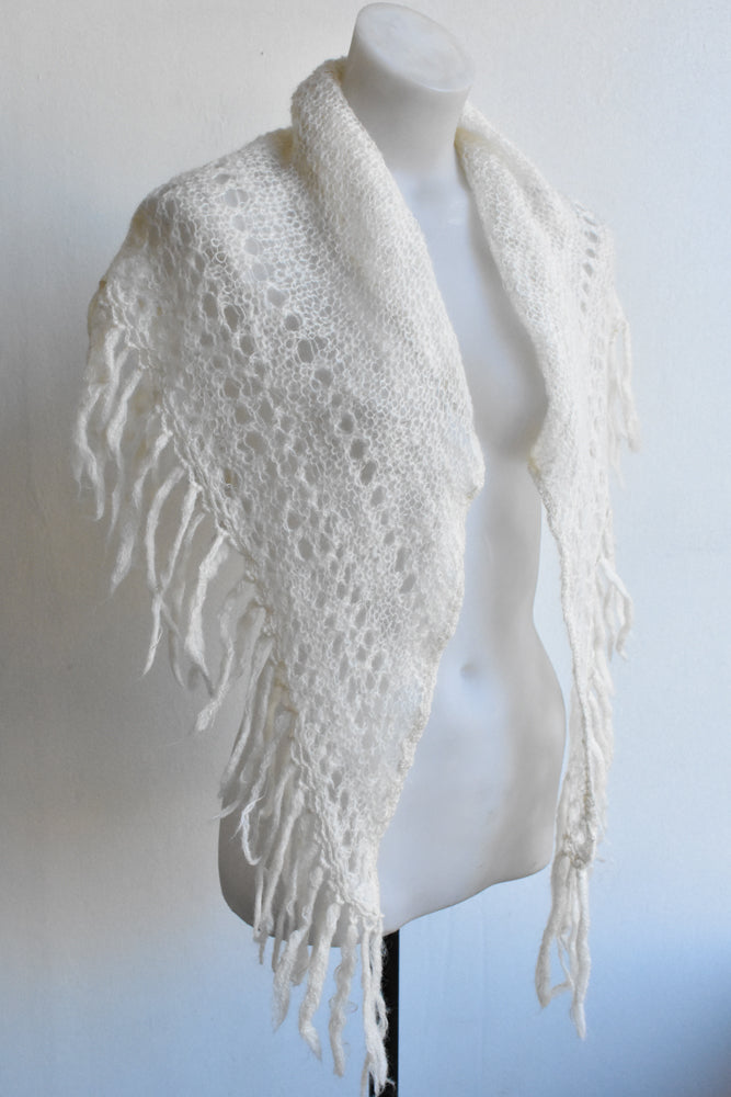Lace-knit cream shawl