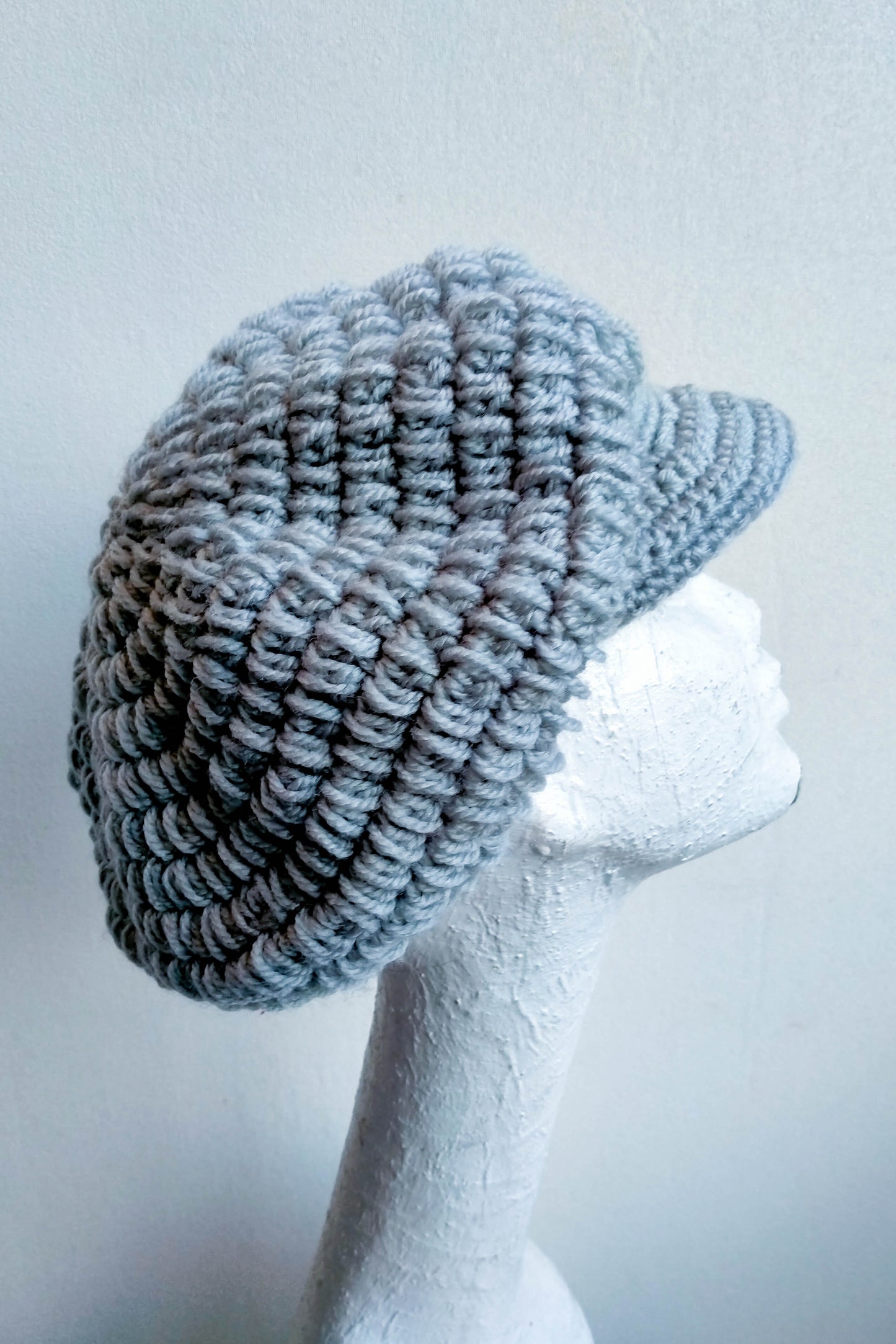 Grey crocheted newsboy cap