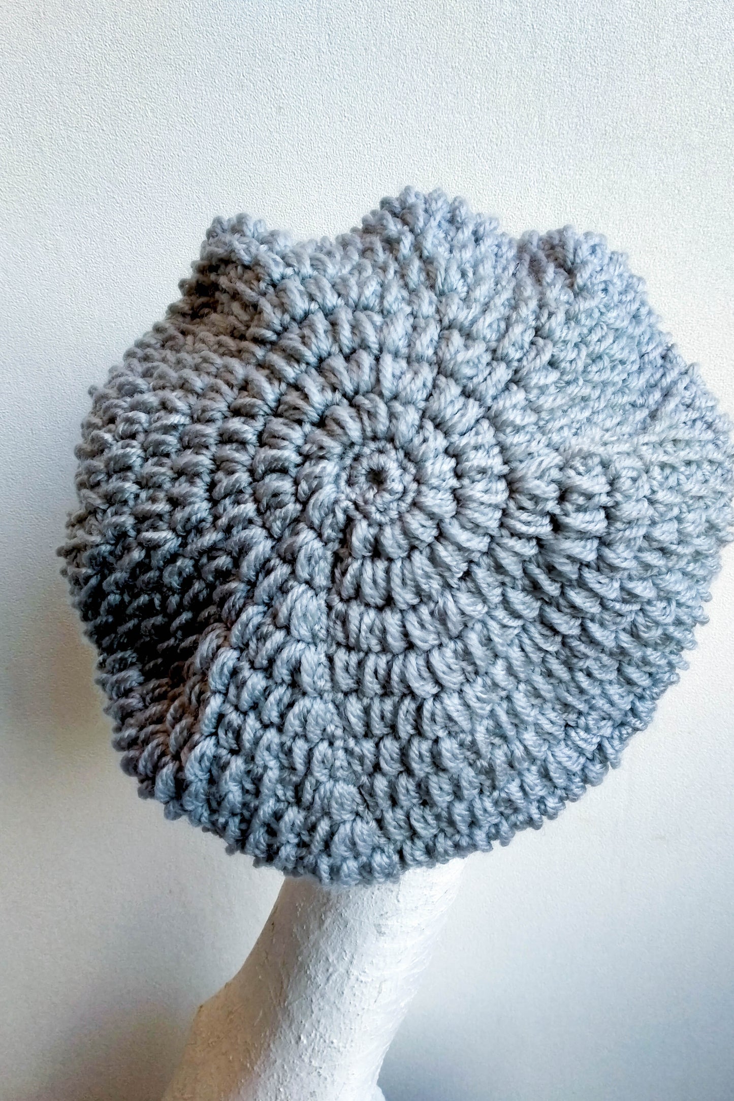 Grey crocheted newsboy cap
