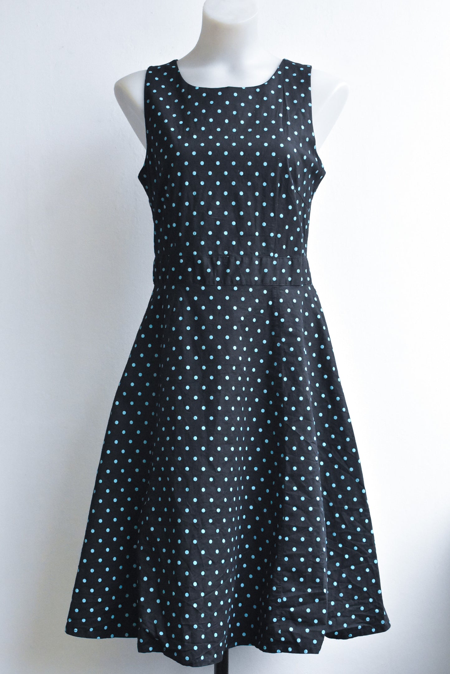 Hound Dog black blue polka dot dress, size 14