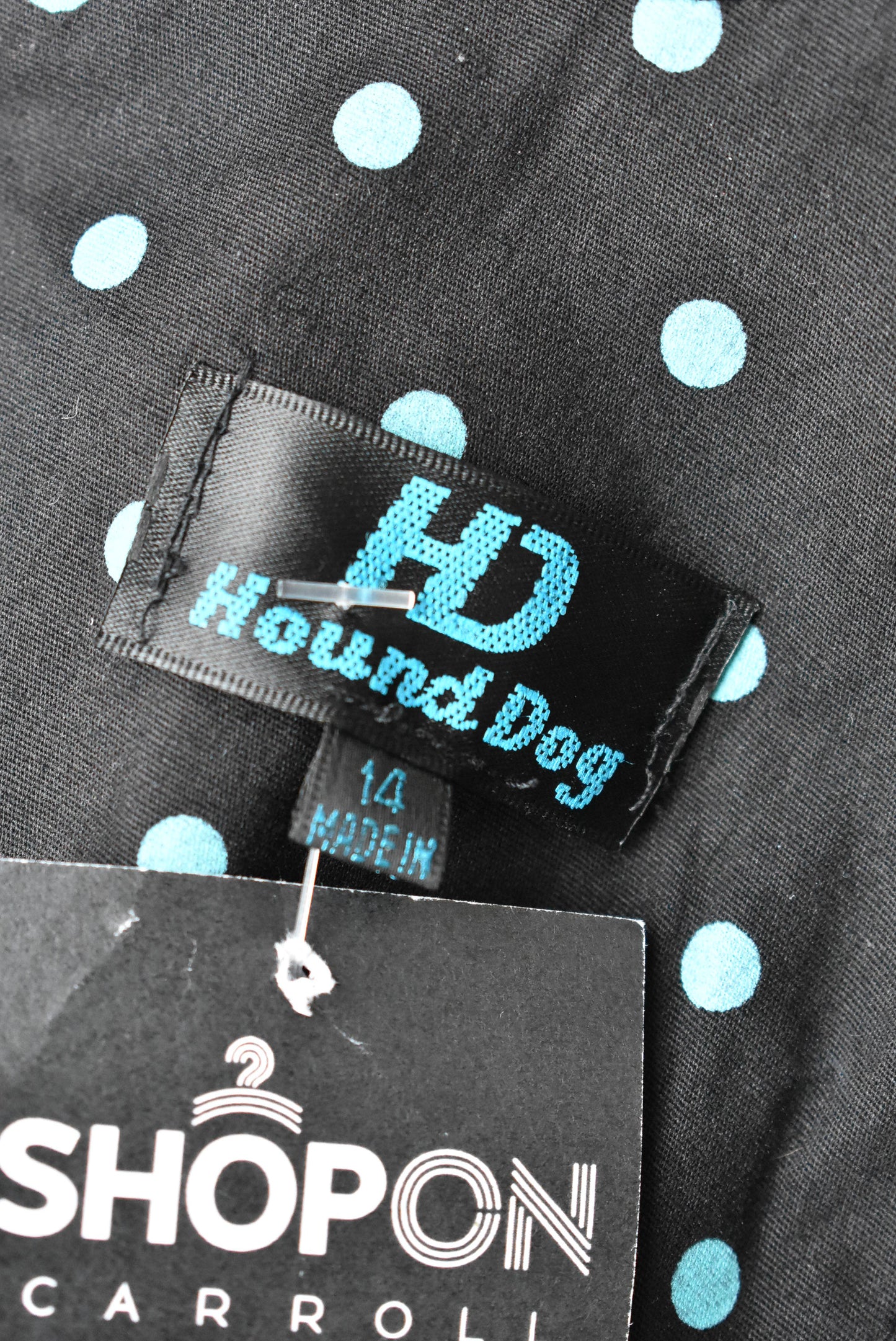 Hound Dog black blue polka dot dress, size 14