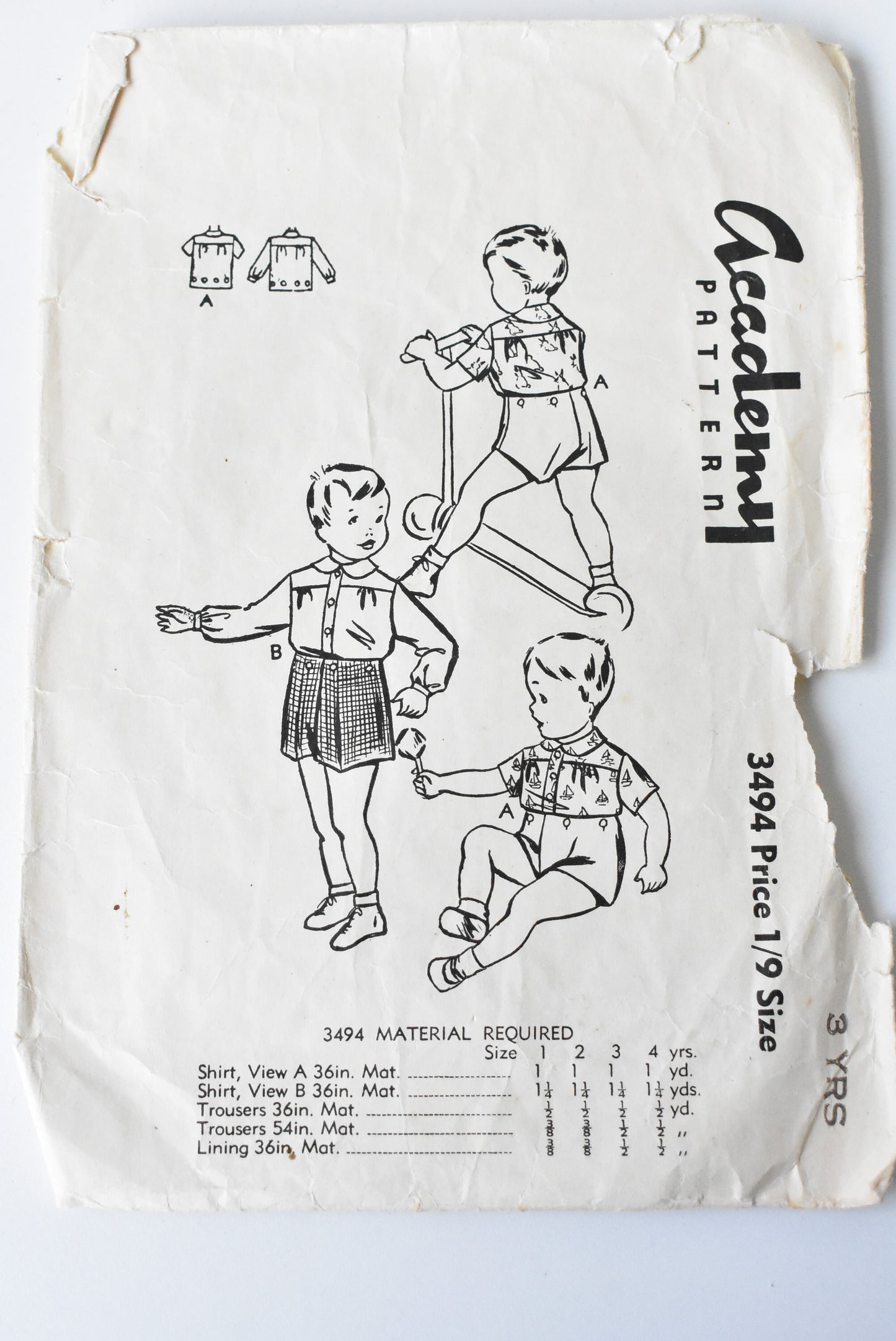 Vintage Academy Pattern kids shirt sewing pattern, 3 yrs