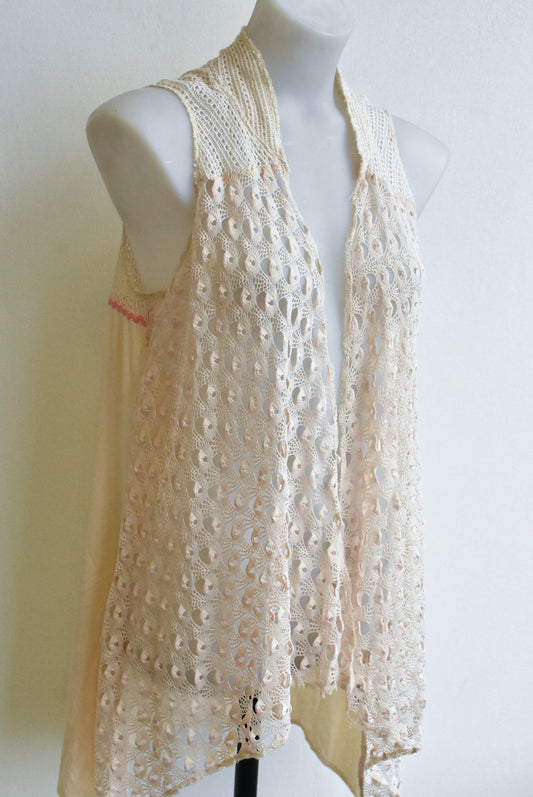 Cream crochet panelled vest, M
