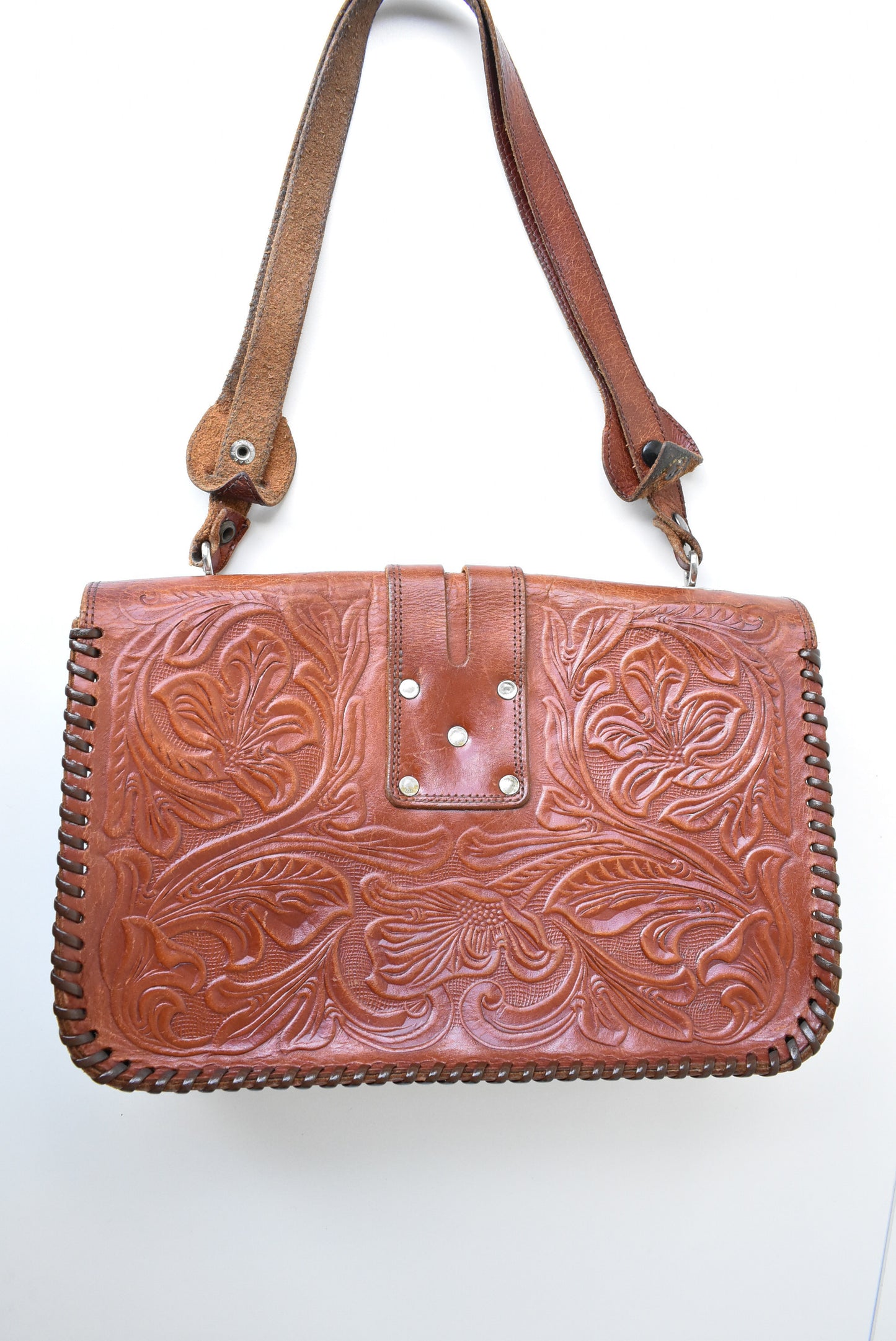 Retro tooled leather satchel style handbag
