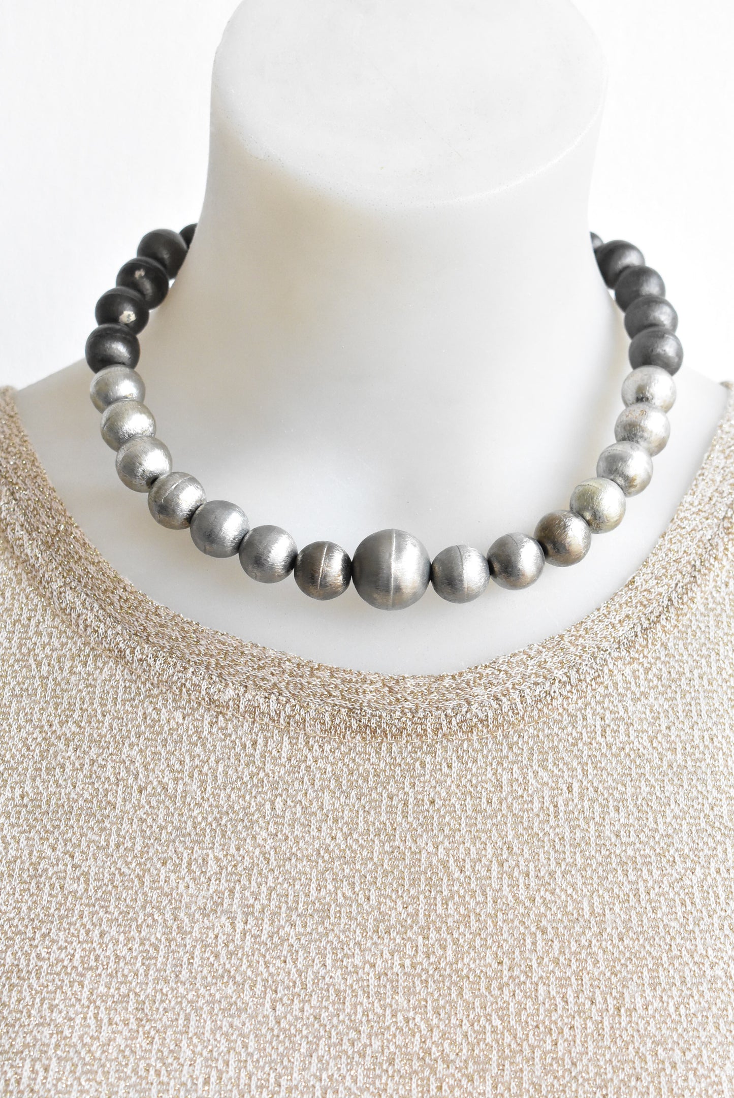 Two-tone silver wooden bead necklace