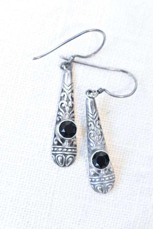 Silver & black stone hollow-backed earrings