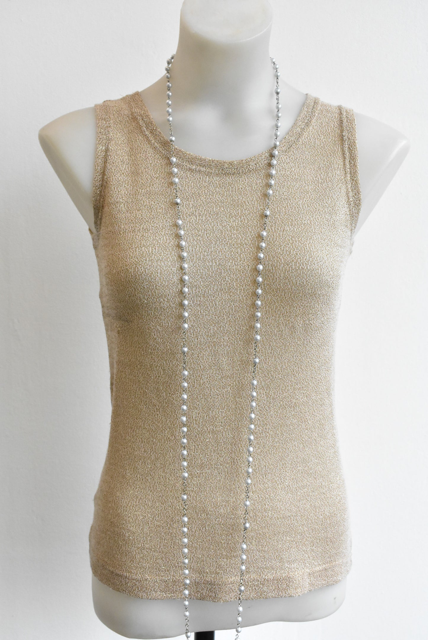 Long pearlescent bead necklace