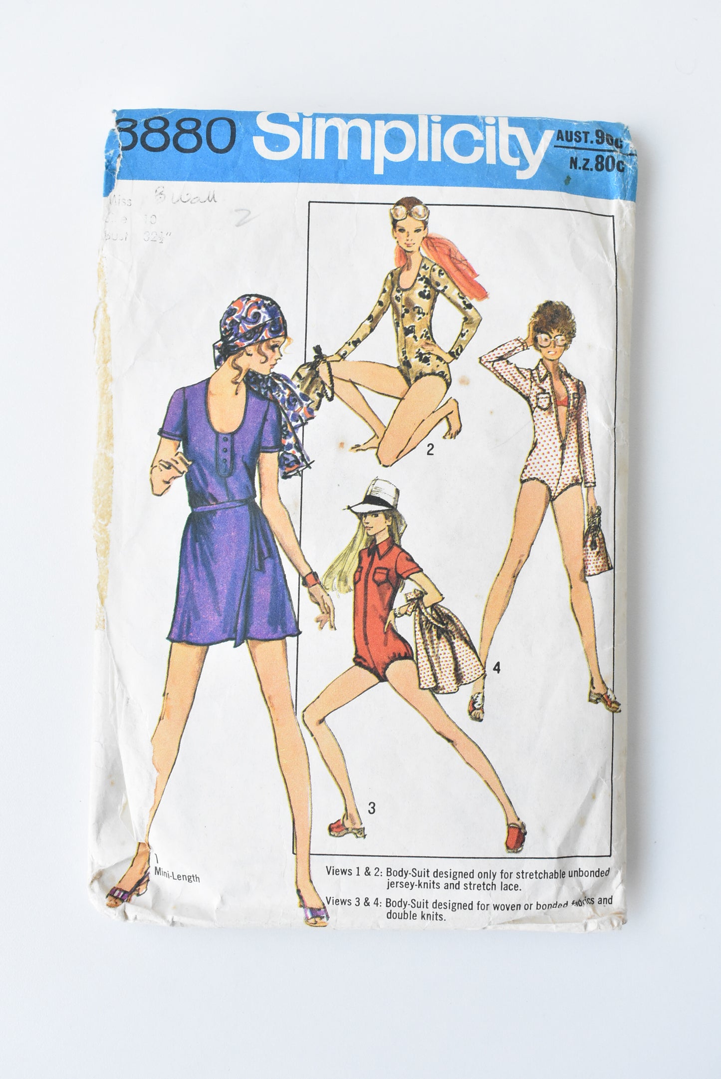 Vintage Simplicity sewing pattern: body suit, mini wrap skirt and bag, size 10