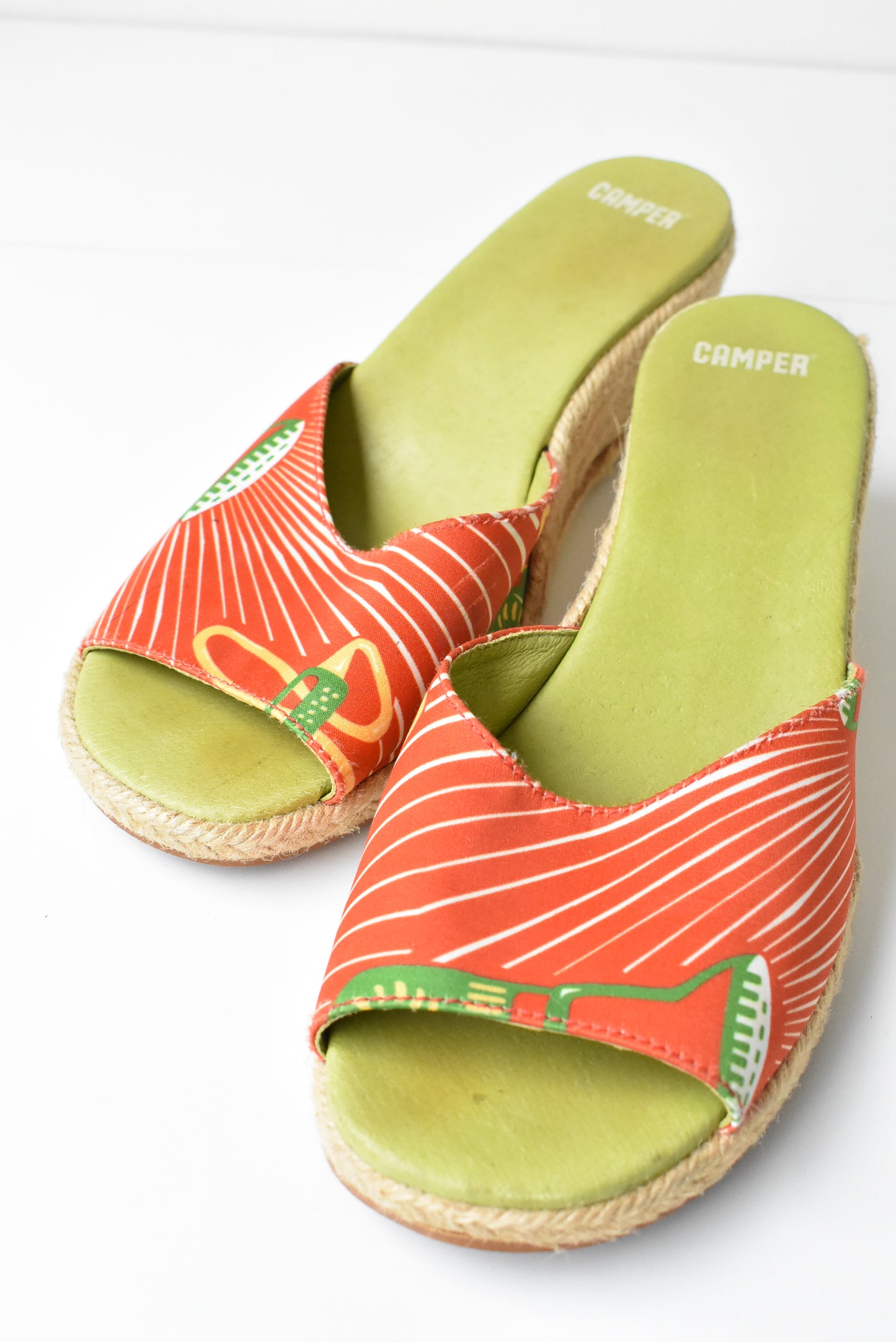 Camper green, orange, rattan wedge sandals