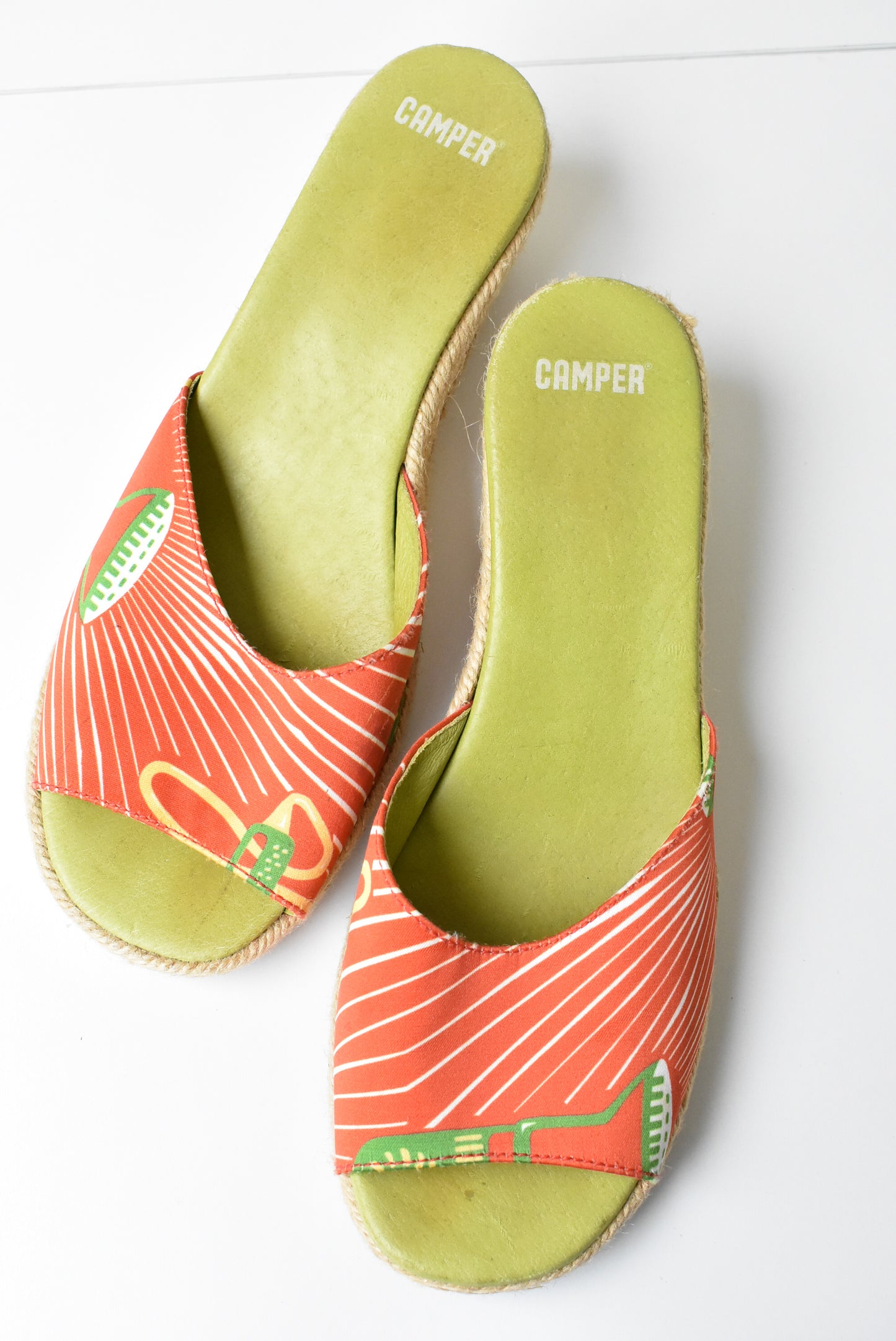 Camper green, orange, rattan wedge sandals