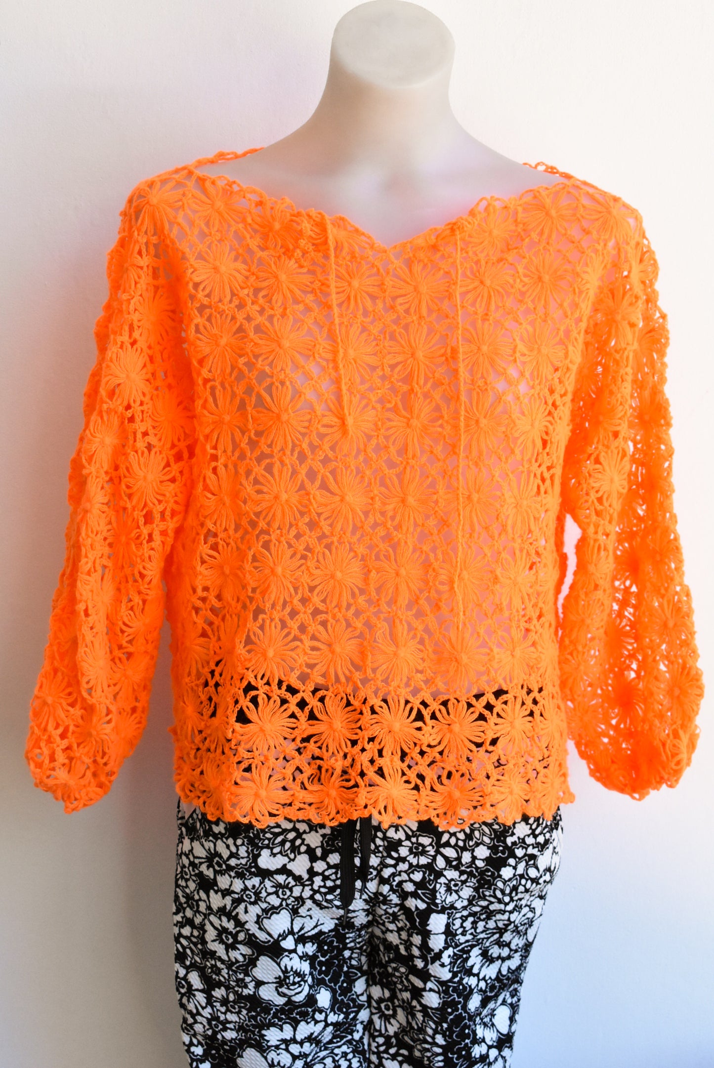 Neon orange hand crocheted top, S/M