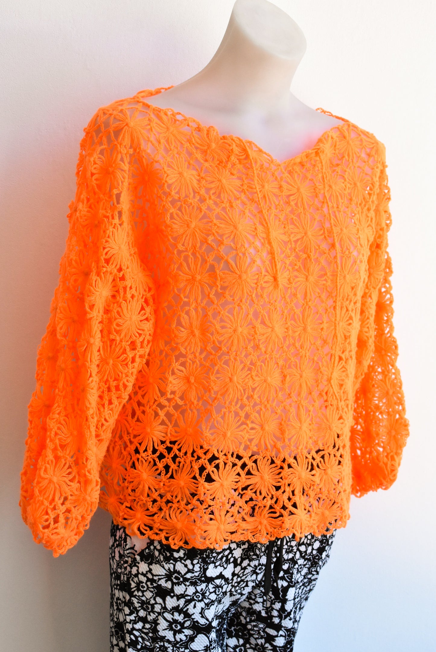 Neon orange hand crocheted top, S/M