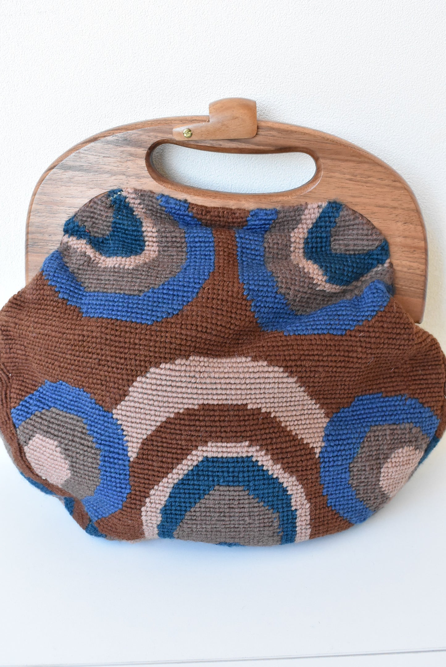 Vintage 1970s tapestry bag with wooden handles